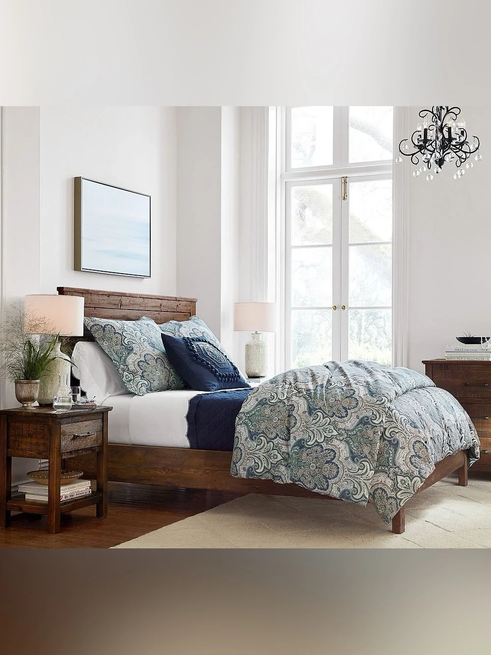 Pottery Barn King Cal King Jordana Paisley Percale Duvet Cover Two Sham Blue
